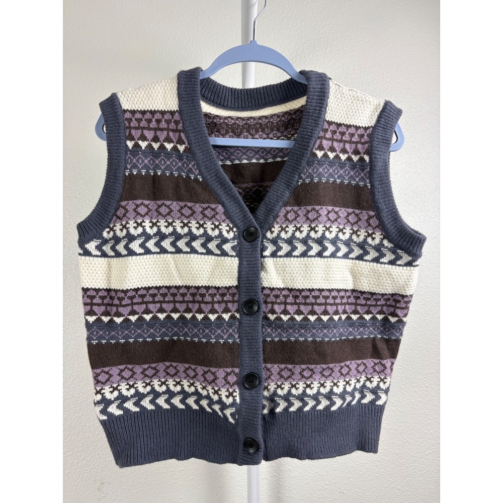 Mardel Fair Isle Knit Sweater Vest Purple Brown One Size V-Neck Button Front